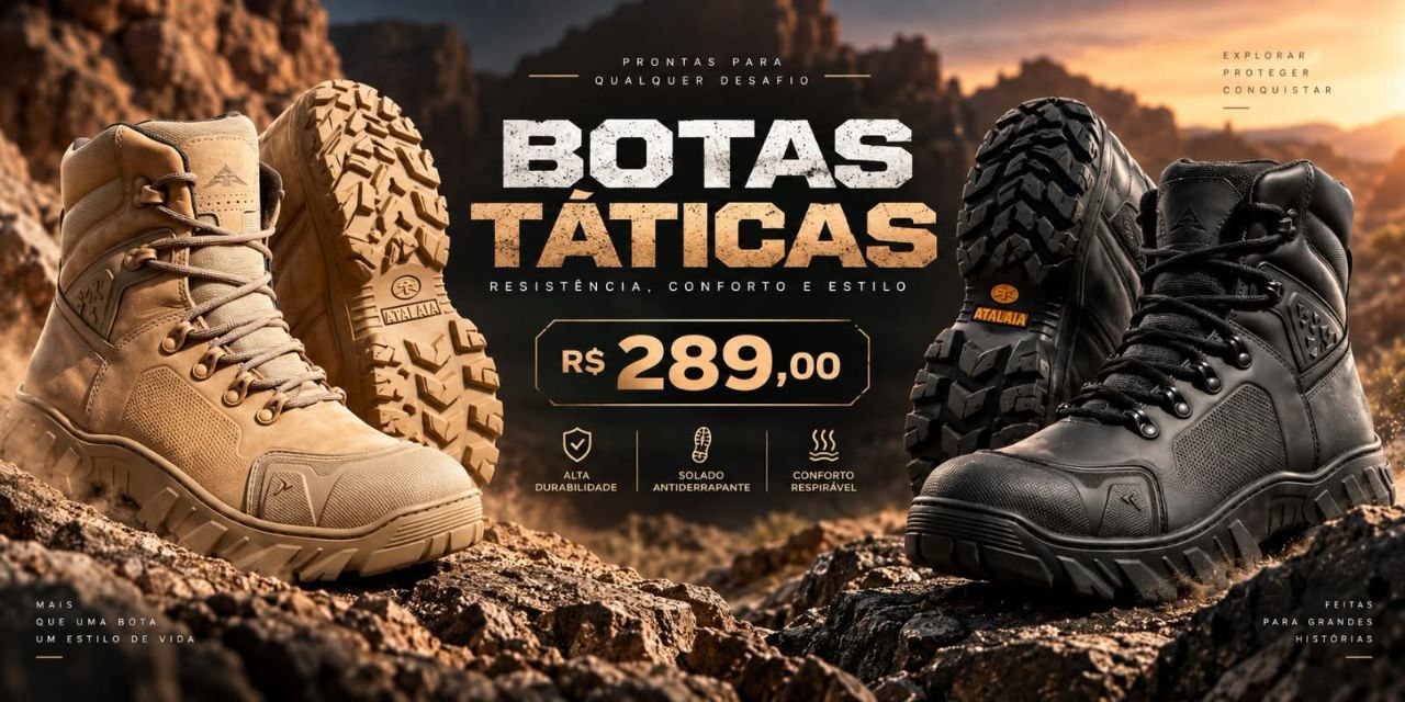 Botas táticas Atalaia nas cores bege e preta por R$ 289,00
